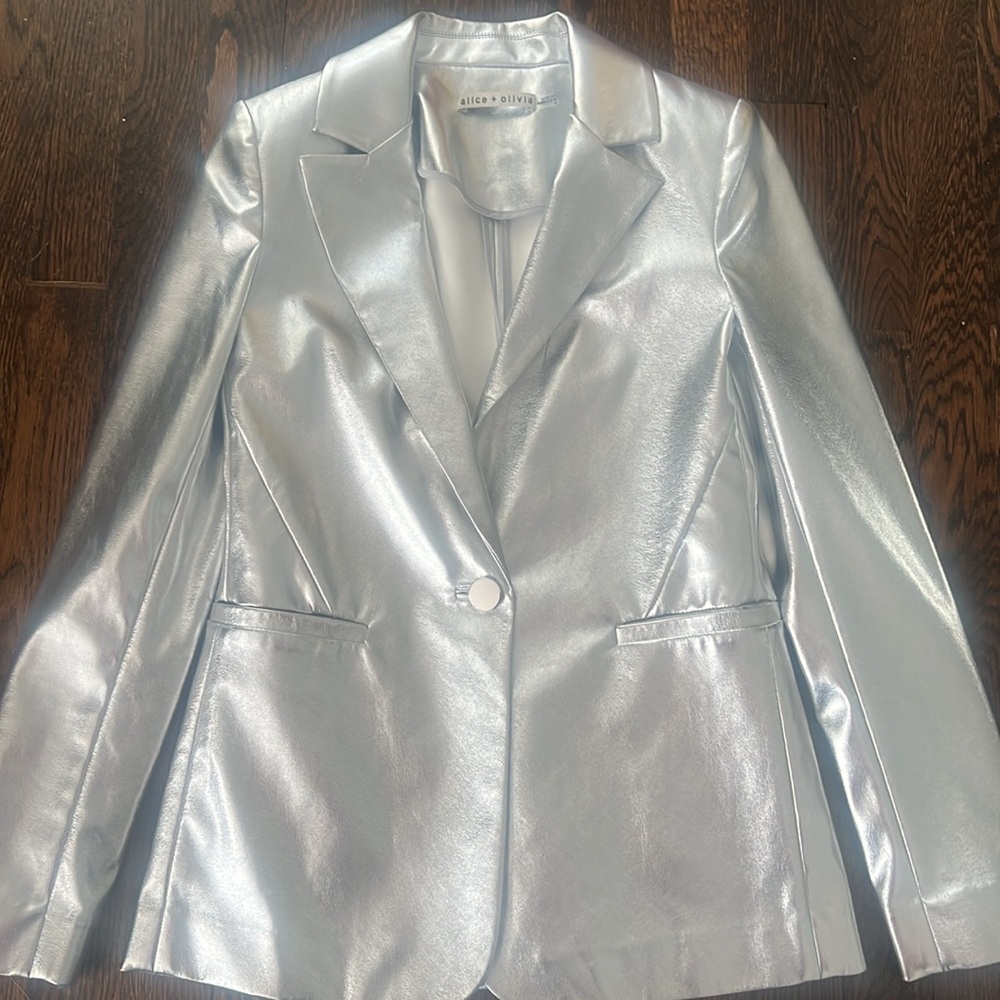 Alice & Olivia Breann Faux Leather Blazer in Silver